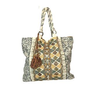 Evelyn K New York Tote Bag Cotton BoHo Seashells & Beads Fabric 16 X 14 NEW